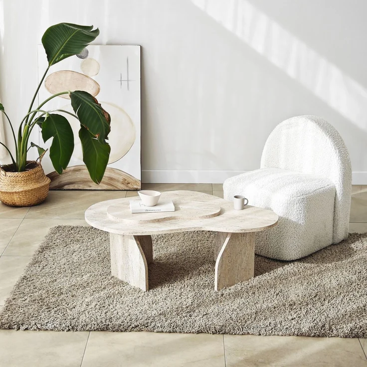 Elegant Coffee Table, Travertine Color, 105 x 35 x 65 cm | 100% Melamine Coated Particle Board, 18 mm Thickness | Stylish Solid Beige & Marble Design – Bild 4