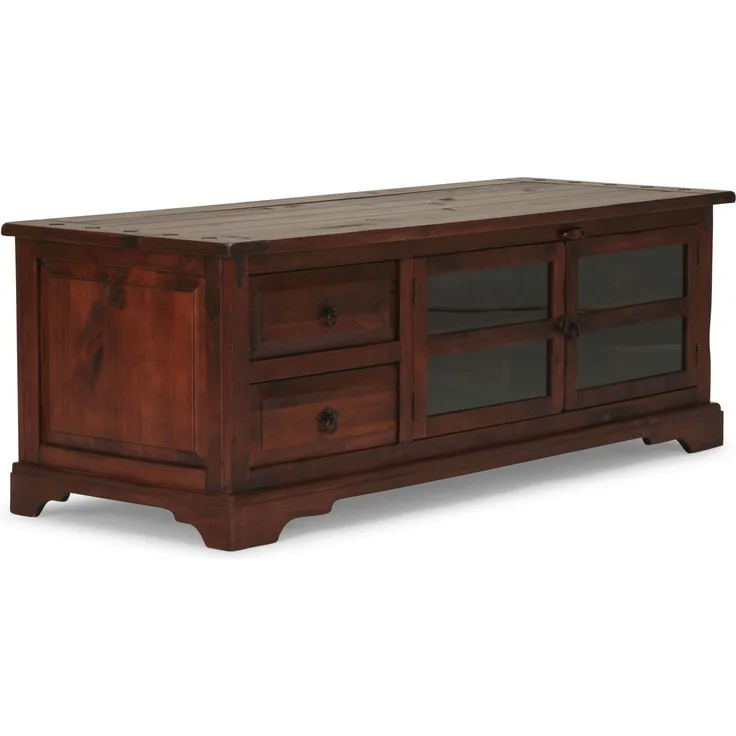 TV-Bank Catana in Braun aus massiver Pinie – Rustikaler Charme, 160x57x60cm, mit Glastüren & Stauraum, für stilvolles Wohnen