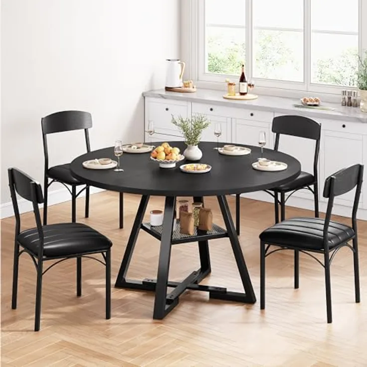 Jocoevol Runder Esstisch und 4 Esszimmerstühle Set, Essgruppe 5-Teilig, Esszimmertisch mit Ablage und 4 stühle, platzsparender Küchentisch aus Holz im Industrial Design (Schwarz, 130 x 130 x 76 cm)