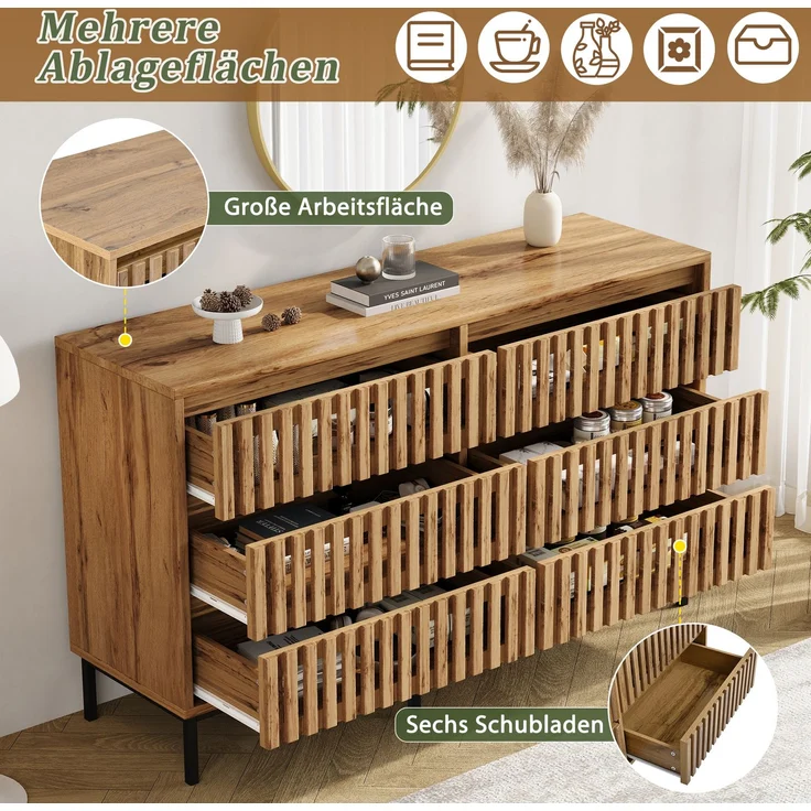 DESVIAE Sideboard Holzfarbe aus MDF/Spanplatte – 120x81x40 cm – 6 Schubladen – Bild 4
