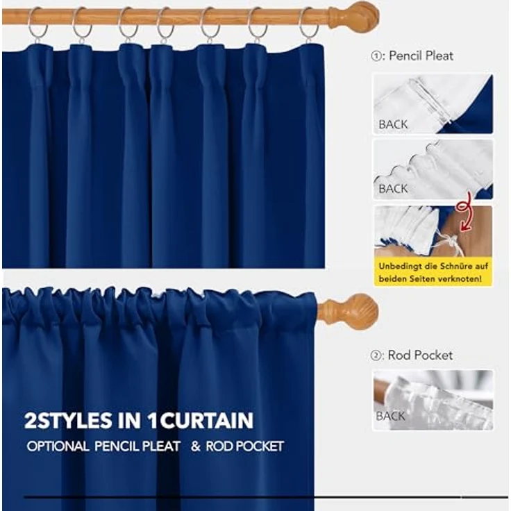 Deconovo Blickdichte Vorhänge mit Kräuselband Gardinen UV-Schutz Königsblau | 2er Set, H 220 x B 140 cm, Thermogardine, Wohnzimmer und Schlafzimmer Gardinen, für Thermal Curtains, Übergardinen – Bild 6