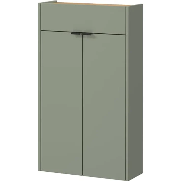 XXXL Garderobe GW-Ameca, 2-teilig in Taupegrün mit Schuhschrank und runden Spiegel, Eiche, Glas, 56x200x22 cm – Bild 4