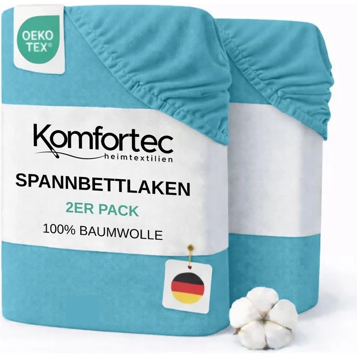 Komfortec Spannbettlaken Jersey 2er Set 100% Baumwolle – 180x200 cm – Weich, Atmungsaktiv & Hautfreundlich – Mit Rundumgummi – Oeko-Tex Zertifiziert – Für Boxspring, Topper & Matratzen – Türkis