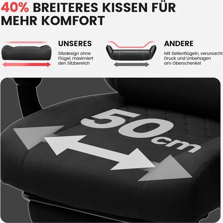 GTPLAYER Gaming Stuhl Stoff, Gaming Sessel mit Taschenfederkissen, ergonomischer Drehstuhl, Gamer Stuhl mit Fußstütze150 kg Belastbarkeit, schwarz – Bild 4