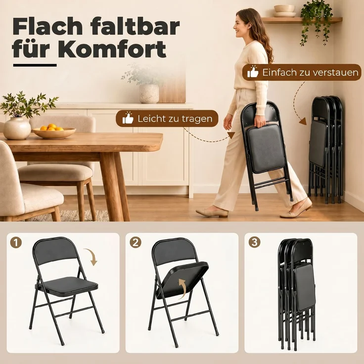 HOMCOM Klappstühle, Kunstleder, Stahl, Schwarz, 45L x 46B x 78H cm – Bild 6