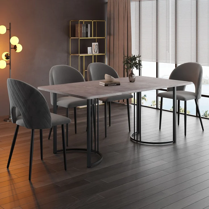 Essgruppe 5-teilig mit Grau Marmor-Optik Esstisch 140x80 cm & 4 grau Samt Esszimmerstühlen, Küchen Tischset – Bild 1