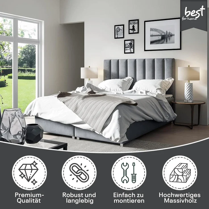 Best for Home Boxspringbett mit Bettkasten Trinity K-10 Bonellfederkern inkl. 7 cm Topper (Bonell-Matratze, gepolstertes Kopfteil, Doppelbett versch. Größen, 140x200 160x200 180x200 200x200 cm), Handwerksqualität, TOP Preis-Leistungs-Verhältnis – Bild 2