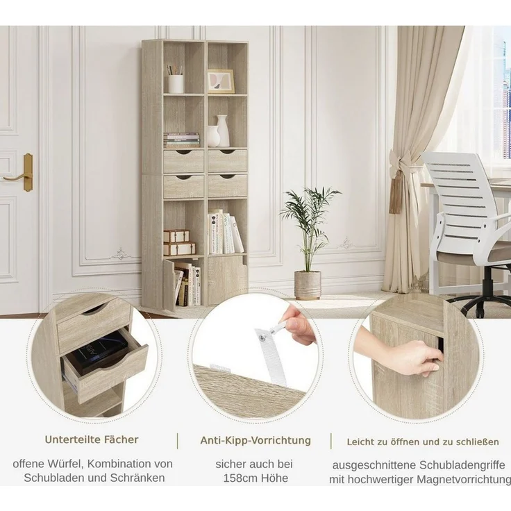 Woltu Bücherregal, 1-tlg, mit Schubladen, Regal mit Tür, 30x158x24 cm – Bild 3