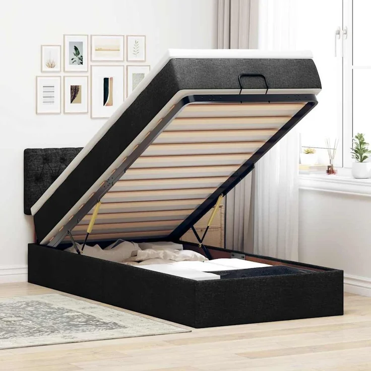 vidaXL Ottoman-Bett mit Matratze & LEDs Schwarz 90x190 cm Stoff 3312355 – Bild 1