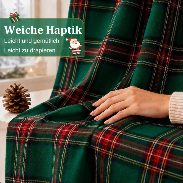 SERBASIC Gardine Schottisch karierter Weihnachtsvorhang, 2er-Set, Leichte (2 St), Multifunktionsband, halbtransparent, Dekoschal für Wohnzimmer Schlafzimmer, 50–60 % Lichtfilterung – Bild 4