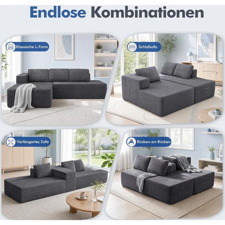 COMHOMA Ecksofa mit Schlaffunktion, 228cm Corduroy Modulares Boneless Couch mit Chaiselongue & Rücken-Metallgestell, L-Form Schlafsofa mit offenem Design, Kissen & Seitentaschen,für Wohnzimmer, GRAU-R – Bild 4