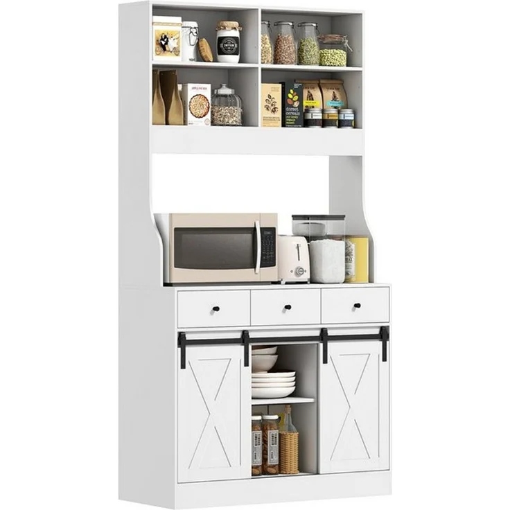 HOMCOM Küchenbuffet mit Arbeitsplatte, Schiebtüren, Schubladen, verstellbare Regale (Hochschrank, 1-St, Küchenschrank mit Regalen) für Küche Esszimmer 93,5 x 40 x 180 cm Weiß – Bild 4