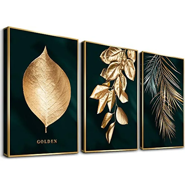 Visario Leinwandbild 120x80 cm 4414 Goldene Blätter auf dunkelgrünem Hintergrund, Wandbild mit echtem Holzrahmen für moderne Wanddekoration
