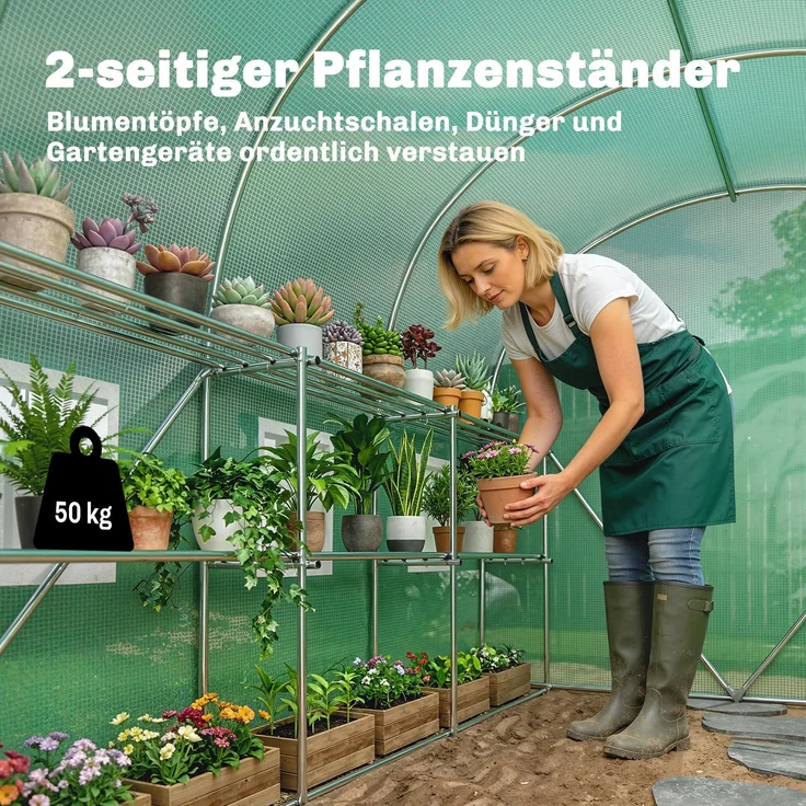 MELAYR, Gewächshaus ca. 2.7 x 2 x 2 m Foliengewächshaus mit Regalen Rollbar Reißverschlusstür 6 Netzfenster, Grün – Bild 6