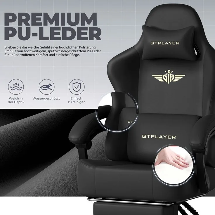 GTPLAYER Gaming-Stuhl Atmungsaktiver Bürostuhl, ergonomisch Hochwertiger - Stoff/Kunstleder, 160° Verstellbare Rückenlehne und ausziehbare Fußstütze