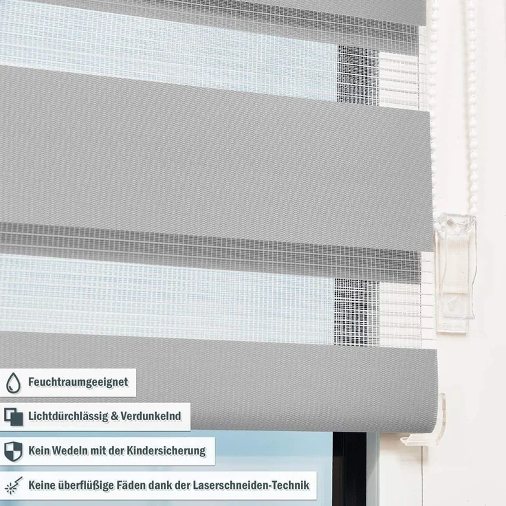 Deswell Doppelrollo Klemmfix ohne Bohren Grau B65 x H210 cm (Stoffbreite 61cm) Rollos für Fenster ohne Bohren für Fenster mit Lichtdurchlässig & Verdunkelnd/Höhe Stufenlos Verstellbar – Bild 3