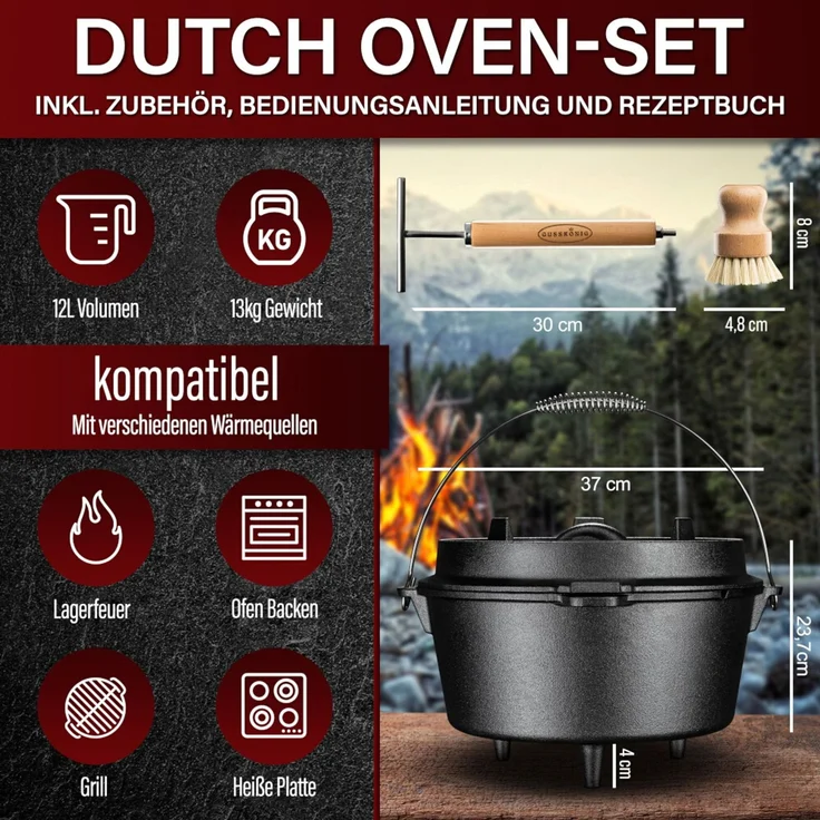 Dutch Oven 12 l mit Füßen – eingebrannt & sofort einsatzbereit, inkl. 2in1 Deckelheber, Reinigungsbürste, Rezeptbuch & Pflegeanleitung – Bild 2
