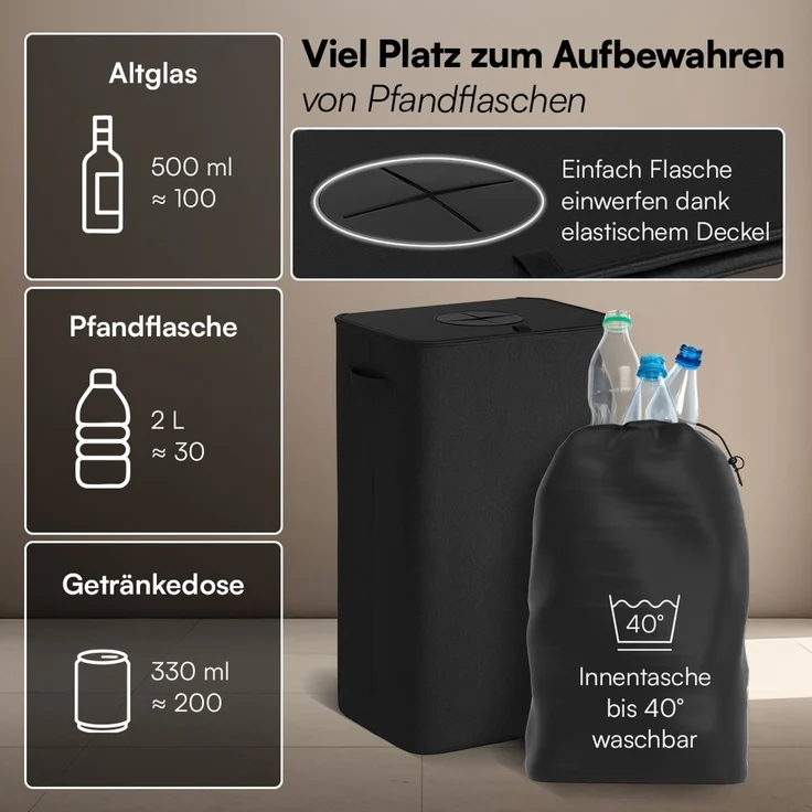 Bellamio 'Sur' Pfandflaschen Sammelbehälter mit Deckel aus Stoff 100L, herausnehmbare Innentasche mit Griffen, waschbar & tropfsicher, anthrazit – Bild 3