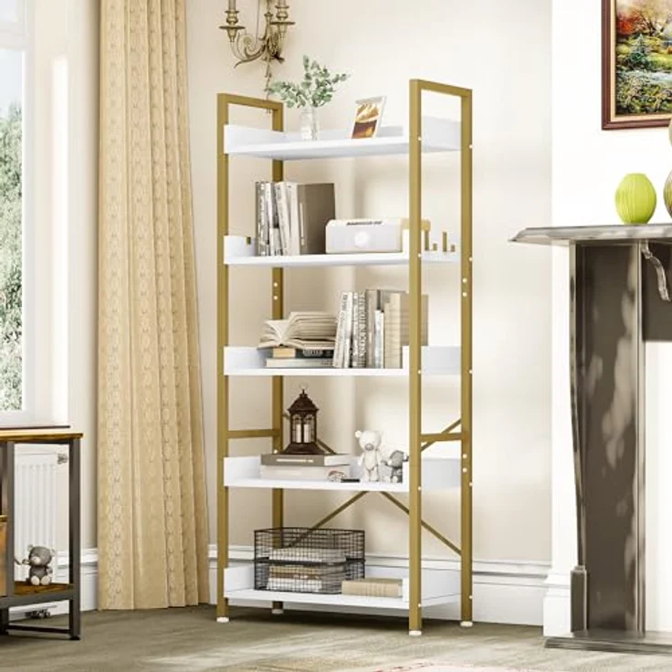 YITAHOME Bücherregal 5 Etagen, Bodenstehendes Bücherregal, Holzregal und stabiles Stahlrahmenregal mit 4 Haken Industrielles Lagerregal für Wohnzimmer, Heimbüro, Golden – Bild 2