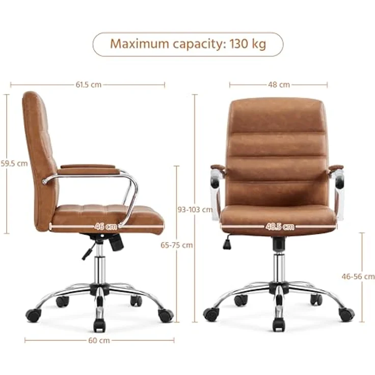 Yaheetech Bürostuhl ergonomischer Schreibtischstuhl, Drehstuhl mit Rollen, Bürohocker mit Armlehnen, Arbeitsstuhl mit Rückenlehne, Chefsessel Belastbar bis 130kg, Rostbraun – Bild 4