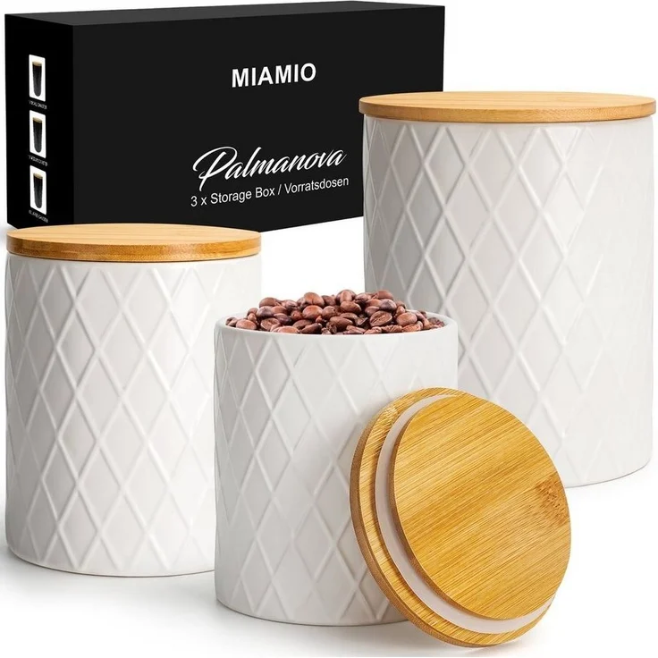 MiaMio Vorratsdose 3er Set Vorratsdosen aus Keramik mit luftdichtem Holzdeckel, (Set) – Bild 1