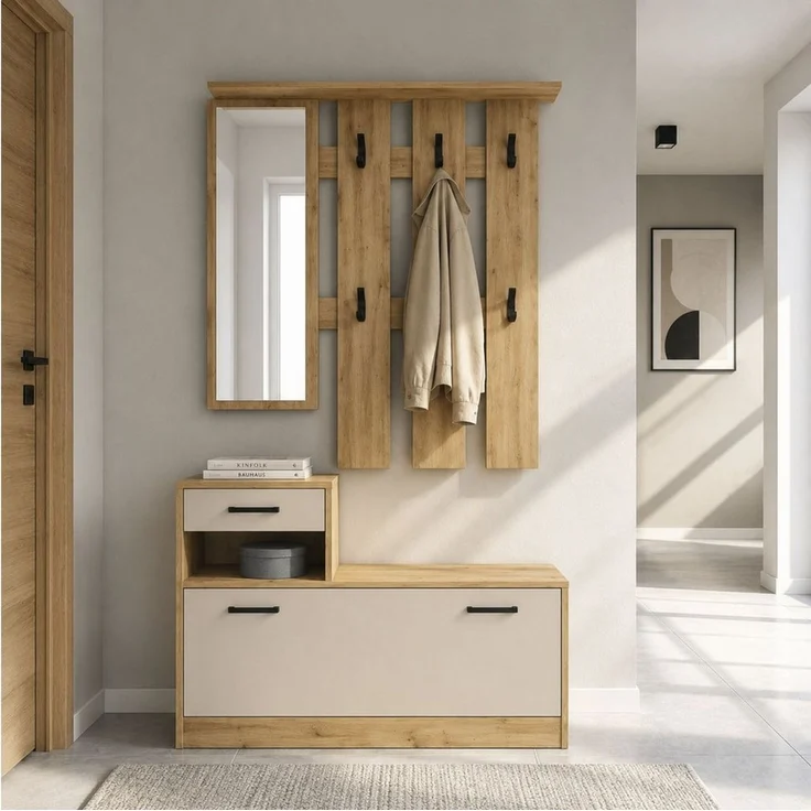 OTTO home Garderoben-Set Luna Kommode mit 1 Klappe + 1 Schubkasten, Paneel mit Spiegel 6 Haken – Bild 2