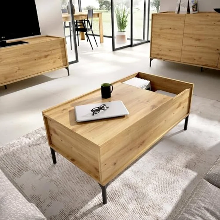 Dmora - Cuna-Couchtisch, Wohnzimmer-Zeitungsständer mit Ablagefach, niedriger hochklappbarer Couchtisch, 99 x 60 x 41 cm, Nodi-Eiche – Bild 1