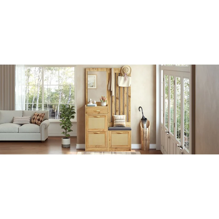 Faumrta Kompaktgarderobe mit Spiegel und Sitzbank,Flurgarderobe mit Schuhschrank und Haken, Kleiderhaken,Flurmöbel Set,Flurgarderobe. 99.5CM*26CM*180CMNaturalMDF (Medium-Density-Faserplatte) – Bild 7