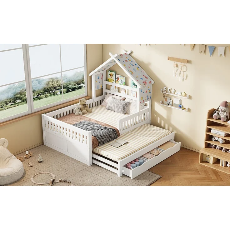 Holzplattformbett, hausförmig, 140 x 200 cm, mit Ausziehbett, 3 Schubladen und Sicherheitsgittern, weiß.--Weiß--205x145x190cm--YOUDENOVA – Bild 7