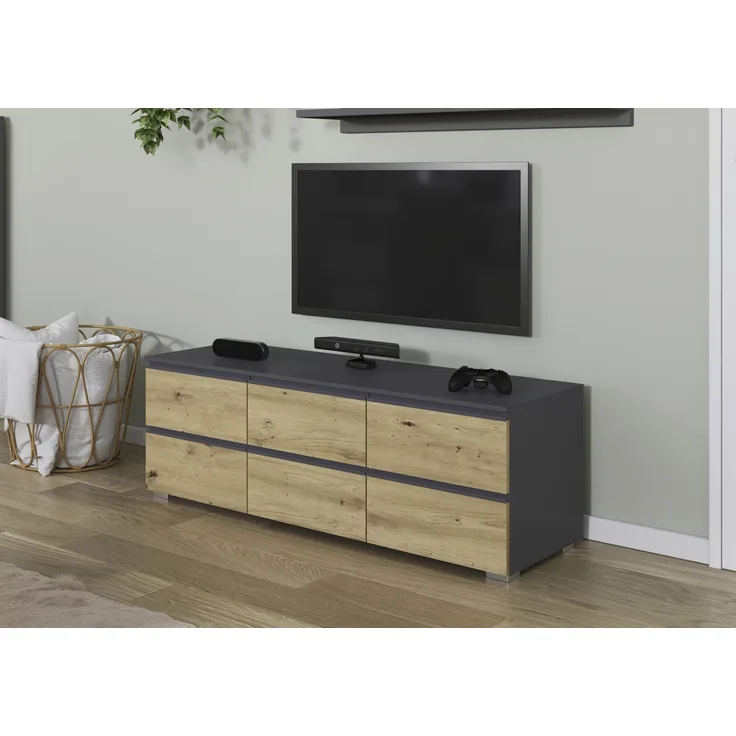rauch Joel-Extra, TV-Element, Lowboard, 6 Schubladen, Farbe Grau metallic/Eiche Artisan, BxHxT 120x42x42cm