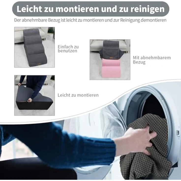 Nepfaivy Hundetreppe für Kleine Hunde 4-Stufig, Haustiertreppe für Bett und Sofa aus Hochdichtem Schwamm, Hunde Treppe Hunderampe mit Abnehmbarem, Waschbarem Bezug und Rutschfestem Boden, 75 x 50 x 40 cm – Bild 6