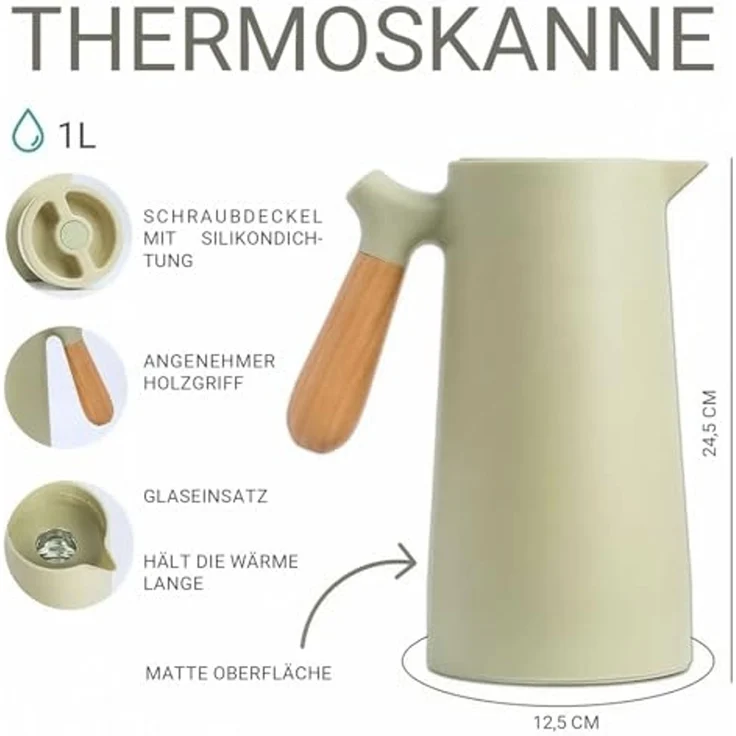 KVOTA Isolierkanne 1L Thermoskanne Glaskolbe Olive Holzgriff 1-Click Öffnung, 1 l – Bild 2