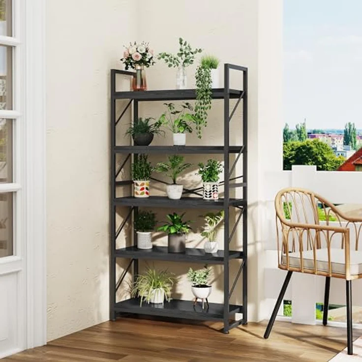 YITAHOME Bücherregal mit 5 Ebenen, Großes Standregal, Holzregal und Metallrahmen, Industrieregal, Bodenstehendes Lagerregal, für Wohnzimmer, Home Office, Schwarz Regal – Bild 7