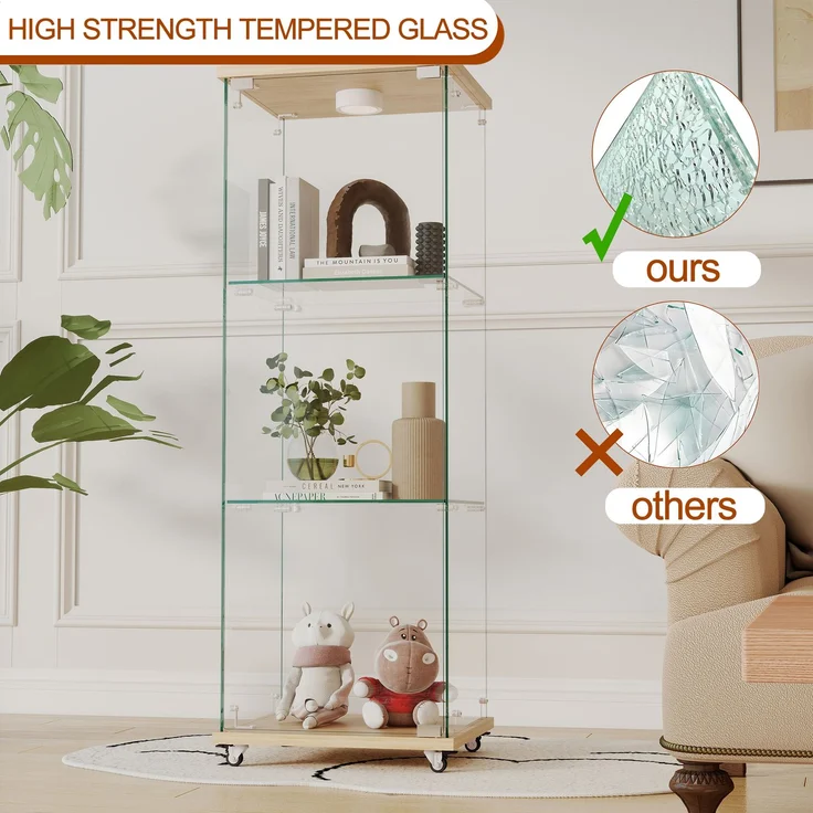 Moderne Glasvitrine mit LED-Beleuchtung,Vitrine,Bücherregal aus gehärtetem Glas,Geeignet für Wohn- und Schlafzimmer, eintüriges dreistufiges Design, Naturholzoptik-H120/B42.5/T36.5 cm--Natürlich--42.5x36.5x120cm--YOUDENOVA – Bild 7