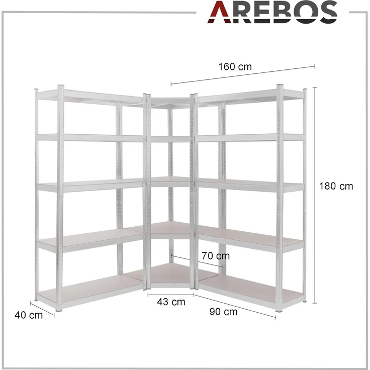 Arebos Schwerlastregal, Eckregal 180 x 90 x 40 cm, 180 x 70 x 70 cm, je 875 kg, Set 3-tlg, Stecksystem – Bild 2