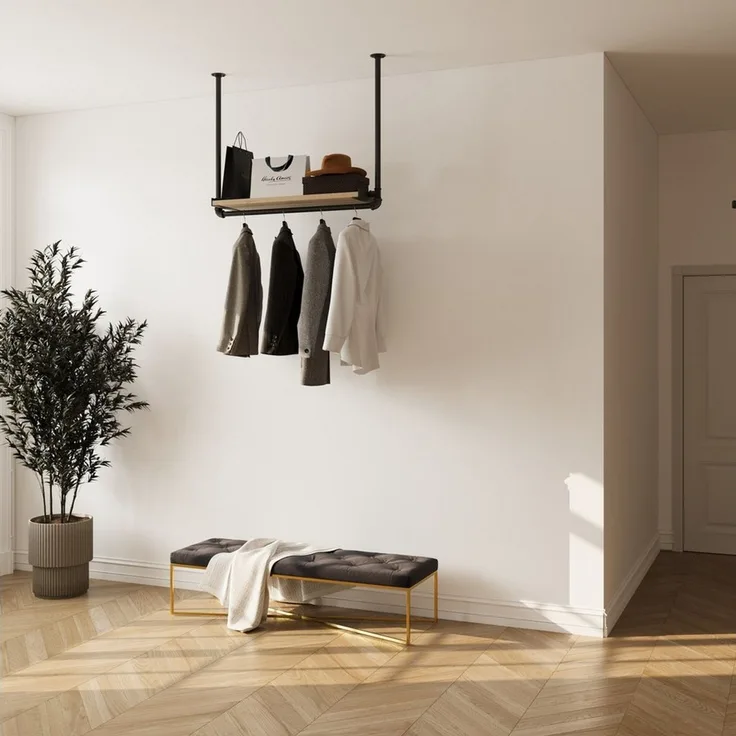 RSR Hangers Garderobenständer Kleiderstange Garderobe "MIK II" mit Kiefernholablage Deckenmontage