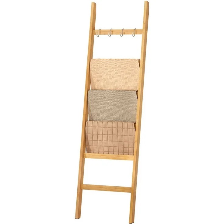 Yorbay Handtuchleiter Handtuchhalter Bambus, 6 Ebenen Leiterregal, 5 Haken und 2 Sicherheitsgurten, 60x170 cm, für Bad, Wohnzimmer – Bild 1
