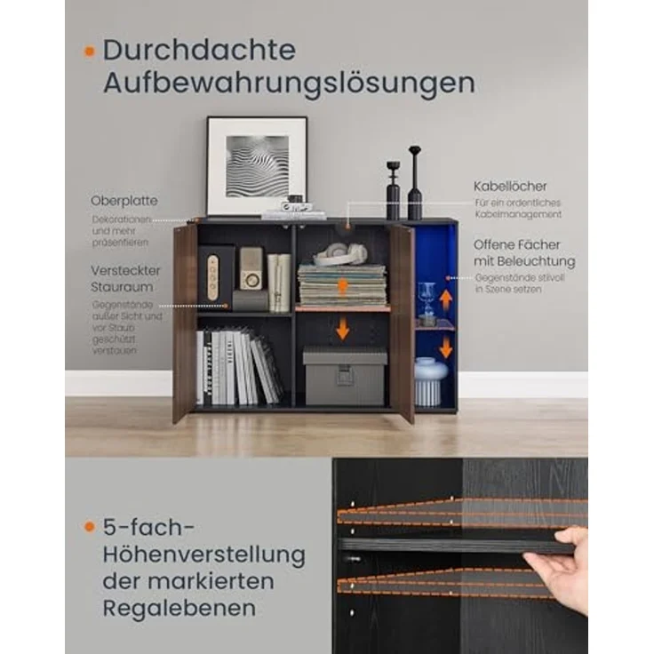 SONGMICS HOME Superschnelle werkzeuglose Montage, Sideboard mit Beleuchtung, 2er Set Aufbewahrungsschrank, TV-Schrank, Glasablage, Toolless-Technologie, von SONGMICS, naturwalnussfarben-ebenholzschwarz BBKDE792B01 – Bild 5