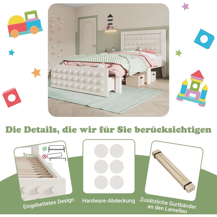 Holzbett 90x200 cm mit Lattenrost & Schublade, 95x210x90 cm, Weiß, ohne Matratze – Bild 7