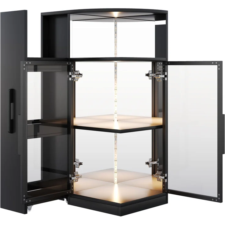 ZUBALIYA Ausziehbare Glasvitrine 64×42×112 cm mit LED-Beleuchtung, Vitrine mit doppelseitigem ESG-Glas, ausziehbarer Seitenschrank,Vitrine,Sammlervitrine, Weinschrank, Küchenschrank, Schwarz – Bild 9
