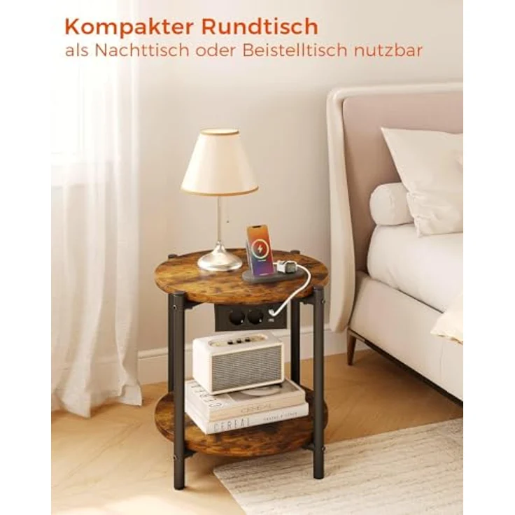 IRONCK Beistelltisch rund, Couchtisch mit Steckdose, Kleiner Tisch Holz, Wohnzimmertisch 2 Ablagen,Sofatisch,USB & Type-C-Anschluss, Metallrahmen, Nachttisch für Schlafzimmer (Vintagebraun, 1 Stück) – Bild 8