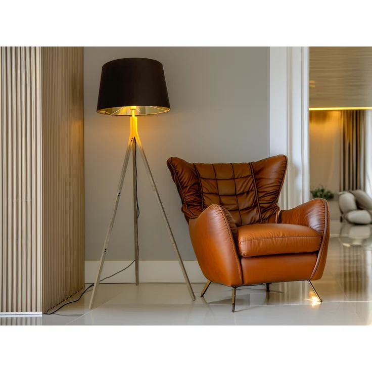 meineWunschleuchte Stehlampe mit Dreibein, Holz / Samt Braun / Gold, ohne Leuchtmittel, Höhe 157 cm – Bild 4