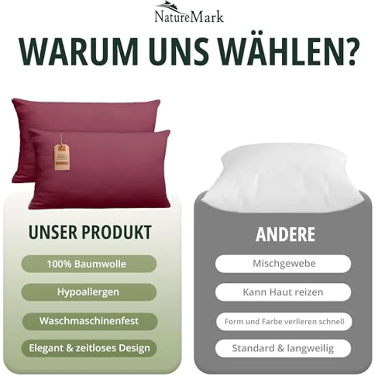 NatureMark 2er Pack Jersey Kissenbezug Kissenhülle Kissenbezüge Seitenschläferkissen Nackenkissen viele Größen und Farben ÖKO-TEX (40x80 cm, Bordeaux rot) – Bild 8