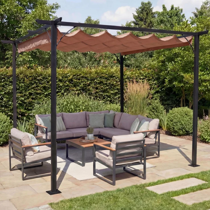 Pergola HWC-C42 mit Schiebedach, Stahl / Stoff, Taupe-Braun, 3,5x3,5 m – Bild 1