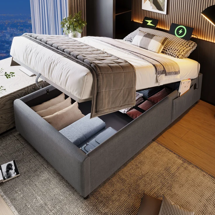 Polsterbett Bettgestell mit Stauraum & USB-Anschluss, 91x192x29 cm, Grau, ohne Matratze – Bild 4
