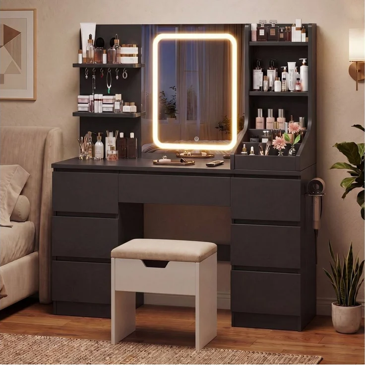 HOMALL Schminktisch Spiegel mit LED-Beleuchtung, 7 Schubladen (Maße: 110 × 40 × 139 cm, drei einstellbare Farbtemperaturen, mit 8 offenen Ablagefächern, 6 Schmuckhaken, 2 Steckdosen, 1 USB-Anschluss, 1 Typ-C-Anschluss und einer Haartrocknerhalterung) – Bild 1