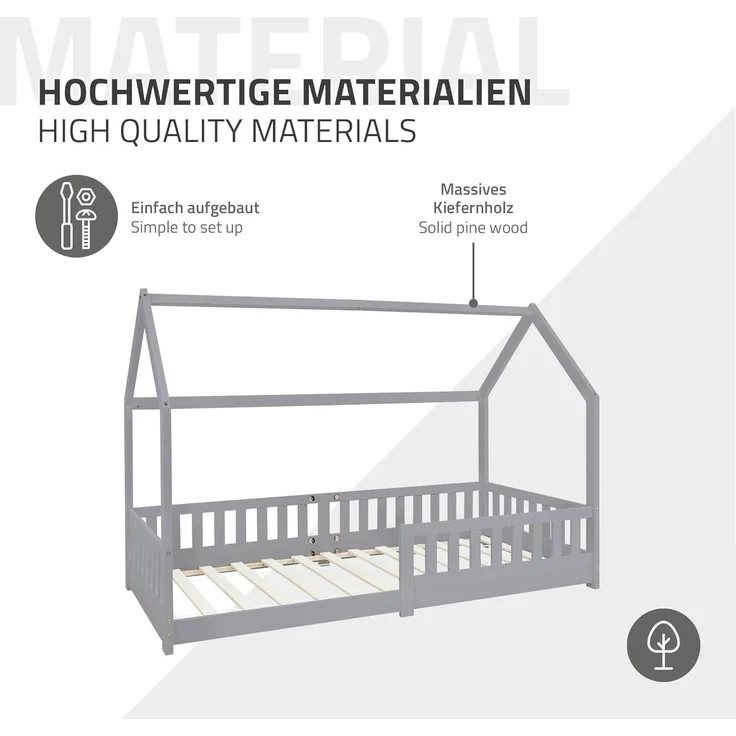 ML-DESIGN Kinderbett Hausbett Spielbett inkl. Lattenrost kreativ Bodenbett für Kinder, Abenteuerbett mit Rausfallschutz Spielbett Kiefer Hellgrau Himmelbett – Bild 8