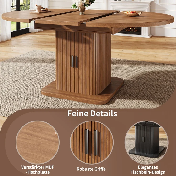 Esstisch ausziehbar, B 110–149,8 x T 110 x H 75 cm, MDF in Nussbaumoptik mit Stauraum – Bild 9