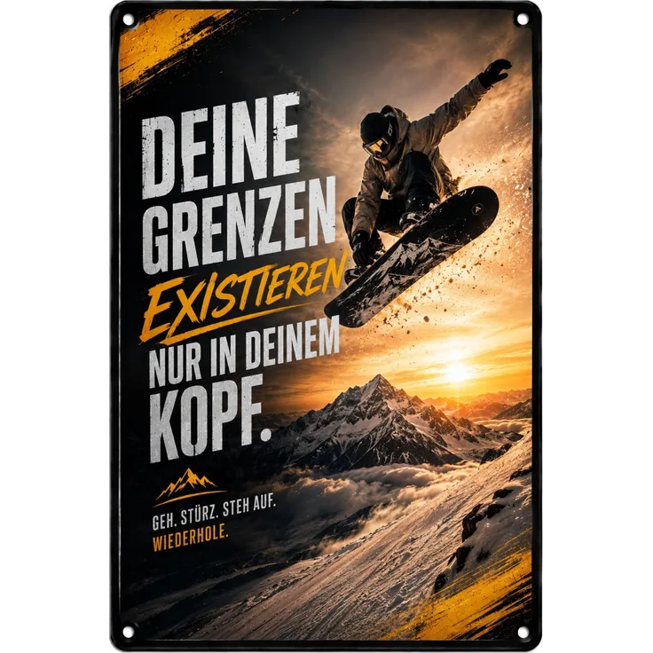 AstraDesign Blechschild 20x30cm - Deine Grenzen Existieren Nur In Deinem Kopf Snowboard Motivation – Metall – Mehrfarbig – AD0448