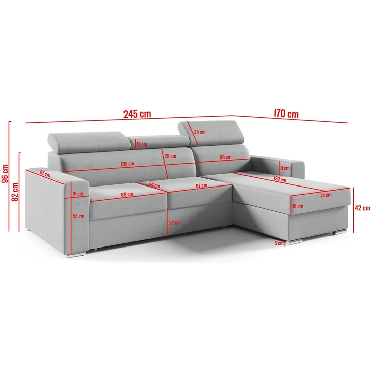 Ecksofa in L-Form NELA, L-förmige Eckcouch mit Schlaffunktion, ausziehbares Sofa, 1 Bettzeugbehälter, verstellbare Kopfstützen, (Kronos 19), 96x170 cm – Bild 5